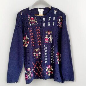 Vintage Andrea Lauren Womens Cardigan Size L Embroidered Ribbon Granny Grandma